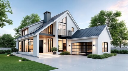 Obraz premium Modern Minimalist Architecture, Modern white house with lush green garden and blue sky