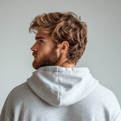 A young man with wavy light brown hair and a full beard stands with his back turned. He is wearing a grey hoodie, his profile suggests contemplation.