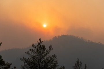 Sun shining through a cloud of smoke in Marmaris resort town of Turkey, following forest fires of July-August 2021.