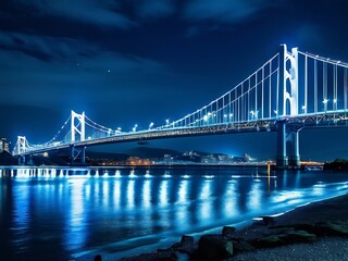 Fototapeta premium Illuminated Suspension Bridge Over Water at Night