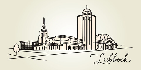 Fototapeta premium Lubbock skyline, incorporating Texas Tech University and its historic Depot District in a modern, one-line drawing style.