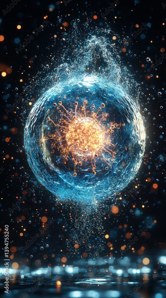 Poster glowing orb surrounded by sparkling particles against a blurred bokeh backdrop