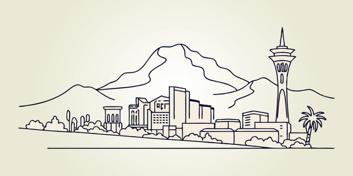 Scottsdale skyline, featuring Camelback Mountain and Old Town in a sleek, continuous-line style.