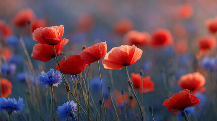 Obraz premium Beautiful red poppy flowers and blue cornflowers in a field nature photography landscape image stock photo