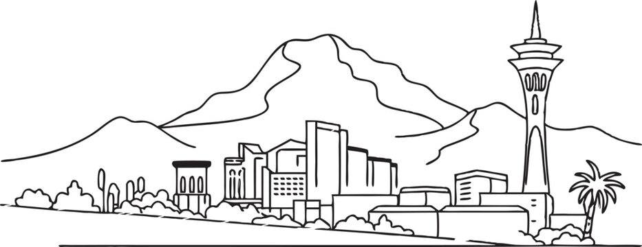 Scottsdale skyline, featuring Camelback Mountain and Old Town in a sleek, one-line drawing style.