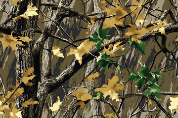 Vector hunting camouflage pattern. Real tree camouflage seamless pattern. Hunting camouflage background. Military camo design