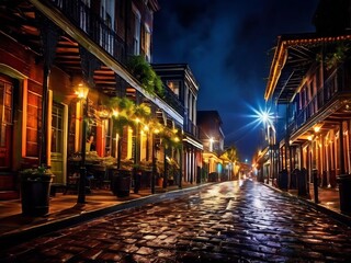 Cobblestone Street in New Orleans at Night