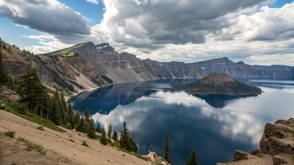 A stunning view of a deep blue crater lake surrounded by rocky cliffs and evergreen trees under a dramatic cloudy sky, capturing a majestic natural landscape.
