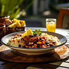 A plate of traditional Brazilian rice and beans, which contains red beans or dried fruits, with pineapple pieces as garnish on top