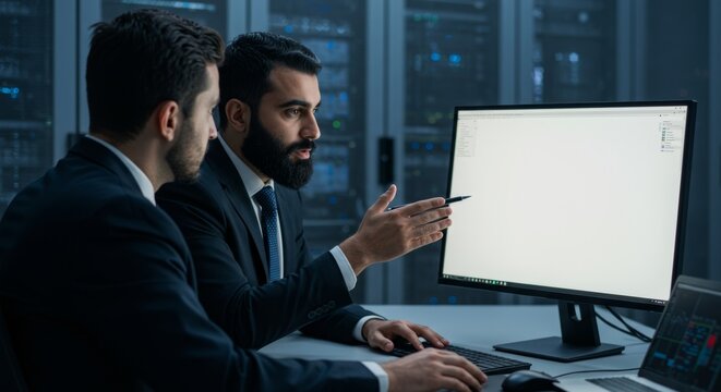 Businessmen collaborating on a blank computer screen