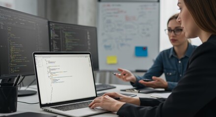 Two women collaborating on coding project, modern office setting.