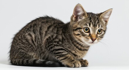 Obraz premium A tabby kitten with yellow eyes sitting on a white background looking attentively ahead in the studio isolated on white background