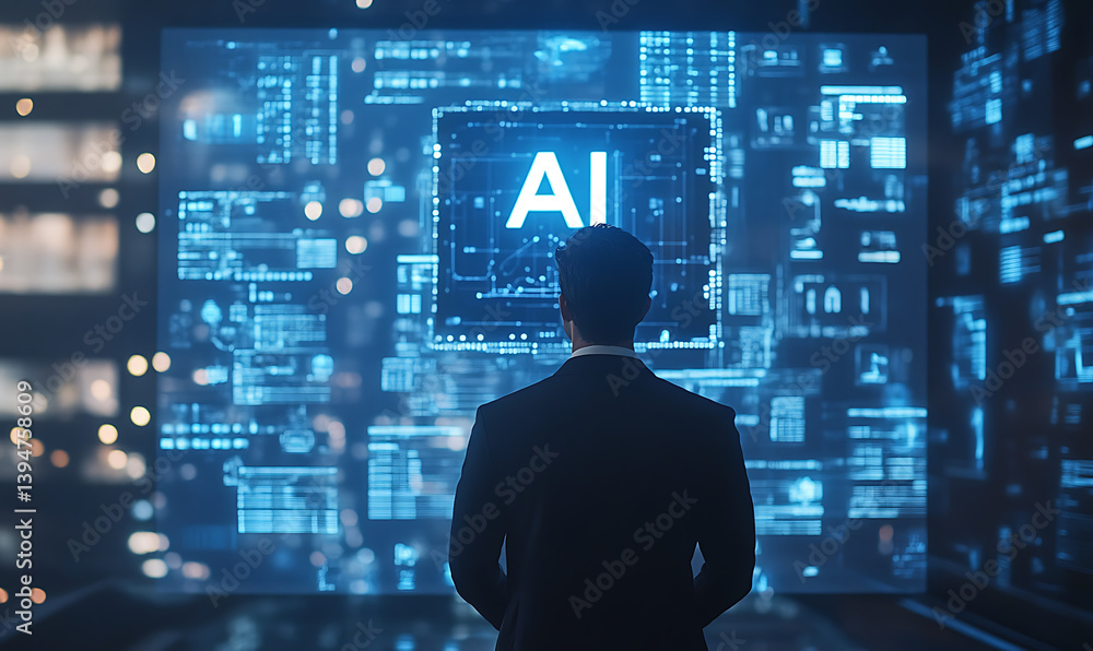 Aufkleber artificial intelligence , business man on the background of the word success , binary code technolog