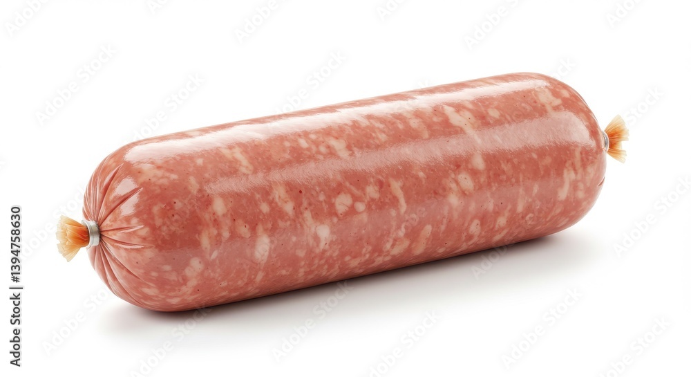 Poster a single sausage roll isolated on a white background with a shiny casing and tied ends visible isola
