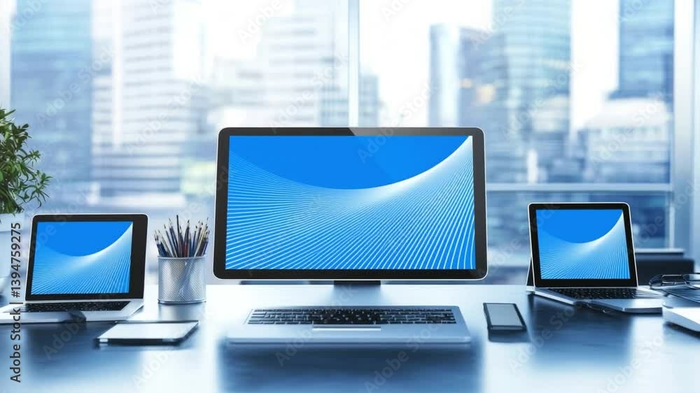 Poster digital workspace: a modern office setup, featuring sleek computers and various devices, creating an