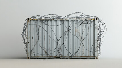 Barbed wire wrapped around shipping container, metaphor for restriction and import taxes
