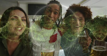 Three friends enjoying drinks with digital network animation overlaying their faces - Powered by Adobe