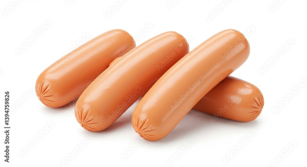 Poster a close up studio shot of four frankfurters on a white surface showing the texture and shape of the 