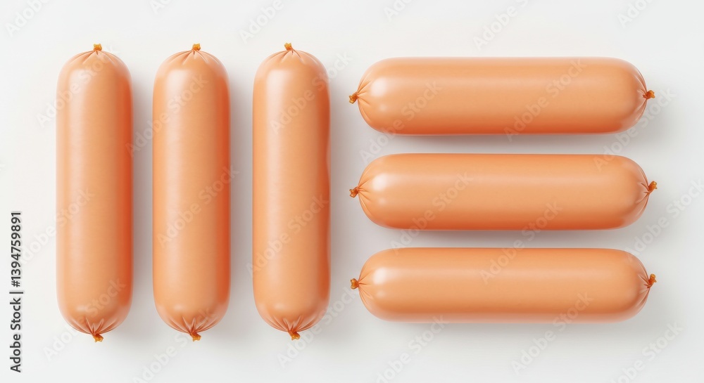 Poster a top view of several sausages arranged on a white surface in two different orientations showing foo