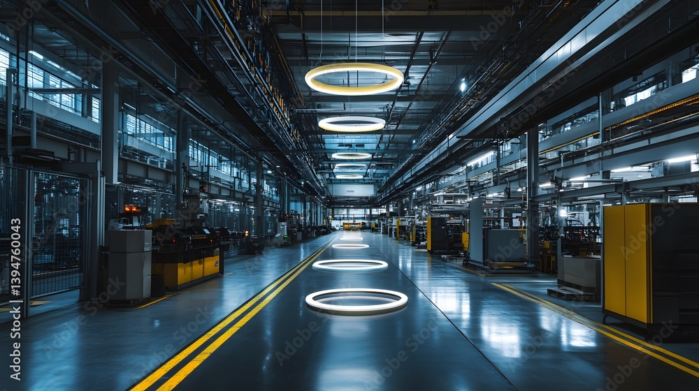 Poster a large industrial building with a yellow circle in the middle. the circles are lit up and the build