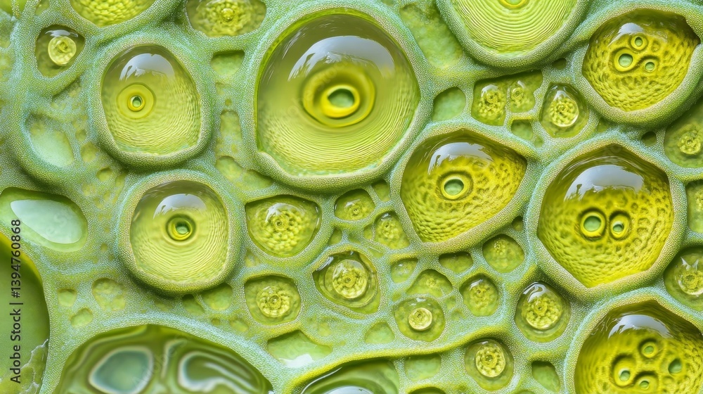 Poster abstract green cellular structure - microscopic view of an abstract cellular structure with concentr