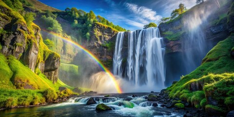Obraz premium Breathtaking waterfall plunges, painting a vibrant rainbow arc across a majestic landscape.
