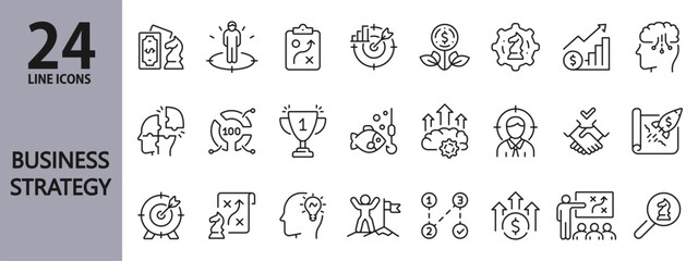 Business Strategy line icons set with Planning, Management, Leadership, Growth, Analysis, Goal, Decision and more. Editable Stroke