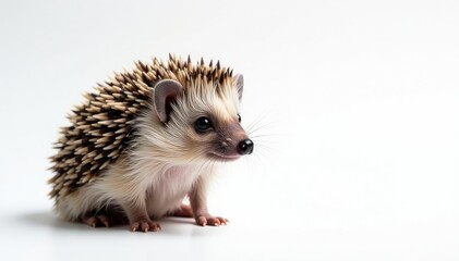 Obraz premium Close-up of a solitary hedgehog against a bright white backdrop, small, minimalist, texture