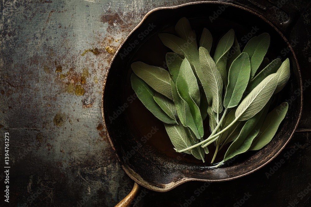 Poster fresh sage leaves arranged in an antique skillet on a rustic metallic surface