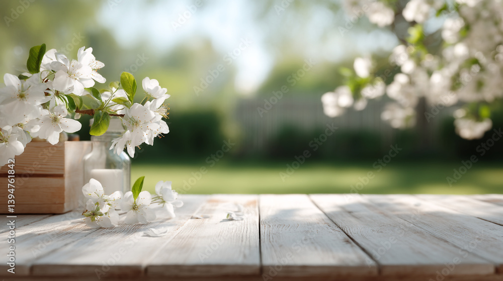 Poster spring blossom background with white flowers on wood table for product display and presentation back