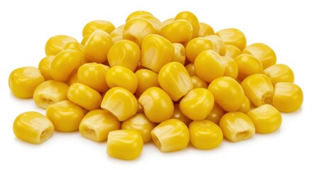 A close up shot of a pile of yellow corn kernels isolated on a white background in a studio setting isolated on white background