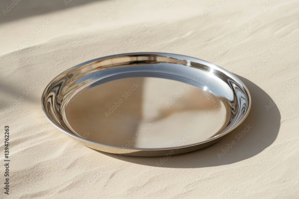 Poster shiny metallic tray placed on a smooth beige surface with soft natural lighting