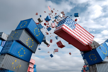 U.S. and EU flags on top of crashed containers, symbolizing the tariff dispute.