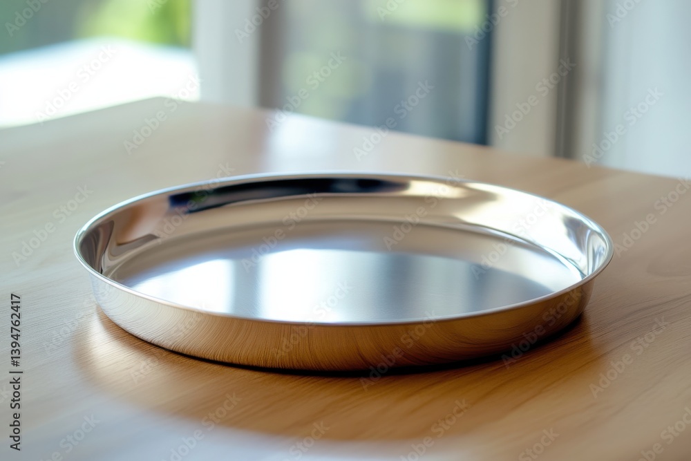 Poster metal tray placed on wooden table with natural light creating reflective surface
