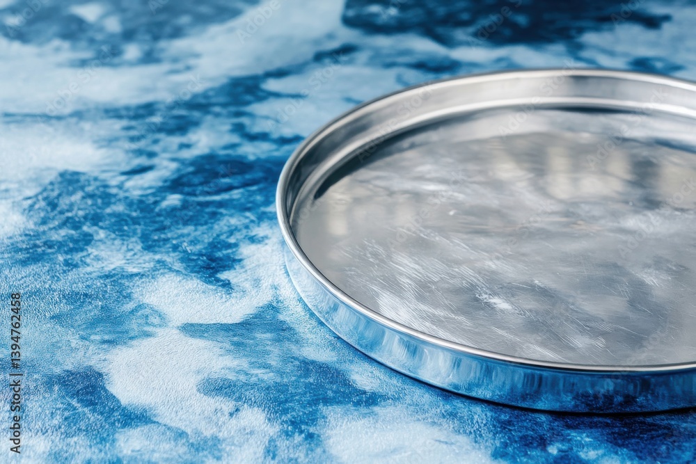 Poster Metal tray resting on a textured blue surface with abstract patterns and smooth finish in bright lighting