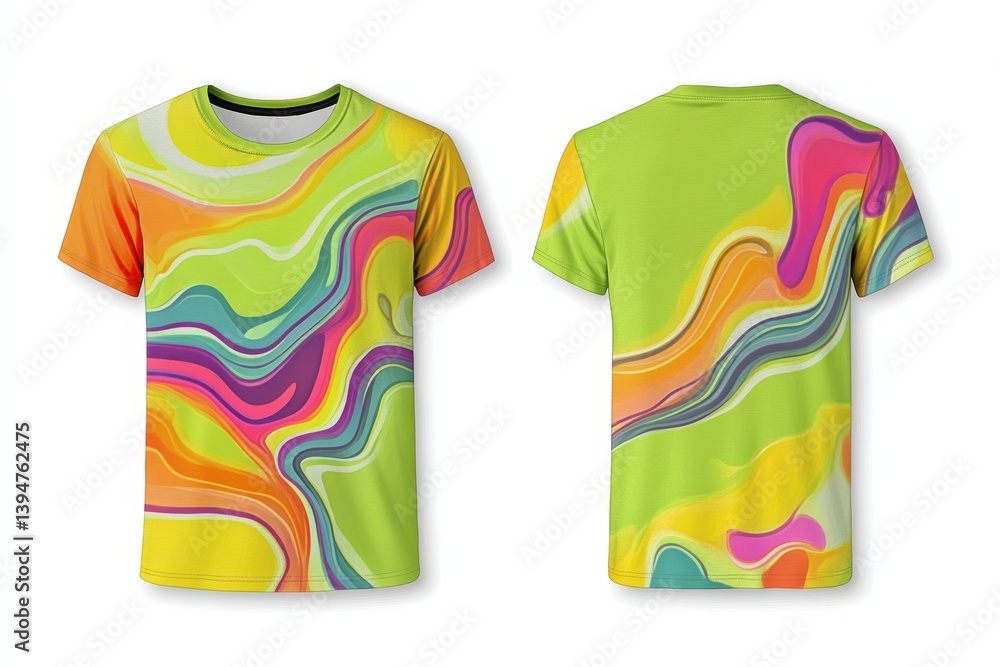 Poster colorful abstract design on t-shirt showcasing vibrant patterns in various hues with a summer vibe