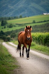 Obraz premium there is a horse walking down a dirt road in the country