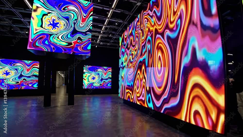 Aufkleber colorful art installation showcases vibrant digital patterns in an immersive gallery setting