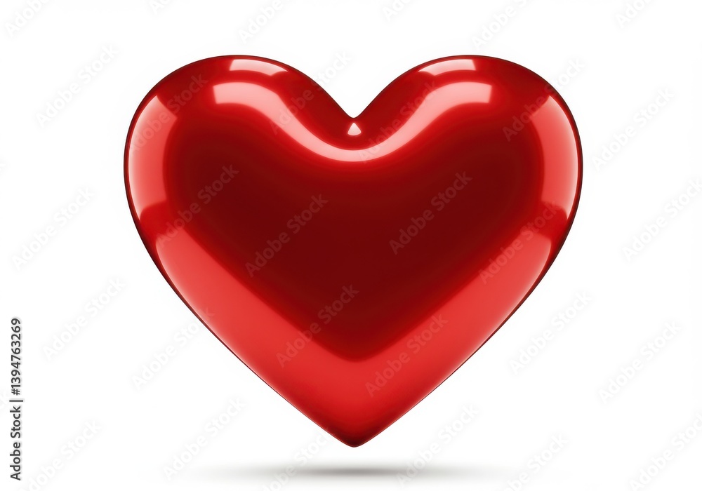 Poster a glossy red heart shape isolated on a white background with a subtle shadow beneath it is centered 
