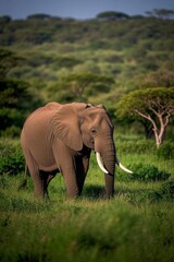Obraz premium there is a large elephant standing in a grassy field with trees in the background