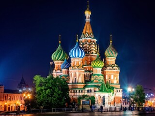 Fototapeta premium St. Basil's Cathedral Illuminated at Night