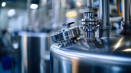 A large silver tank with a silver valve on top. The tank is surrounded by other tanks and pipes