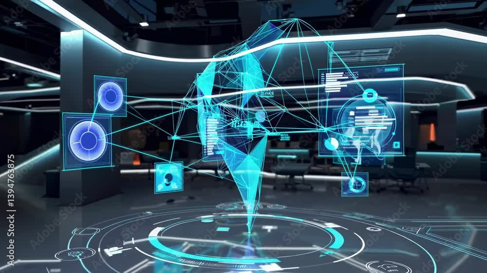 Poster exploring advanced technology in a futuristic workspace with interactive data displays