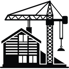 A silhouette illustration of a construction site, featuring a crane and a partially built house 
