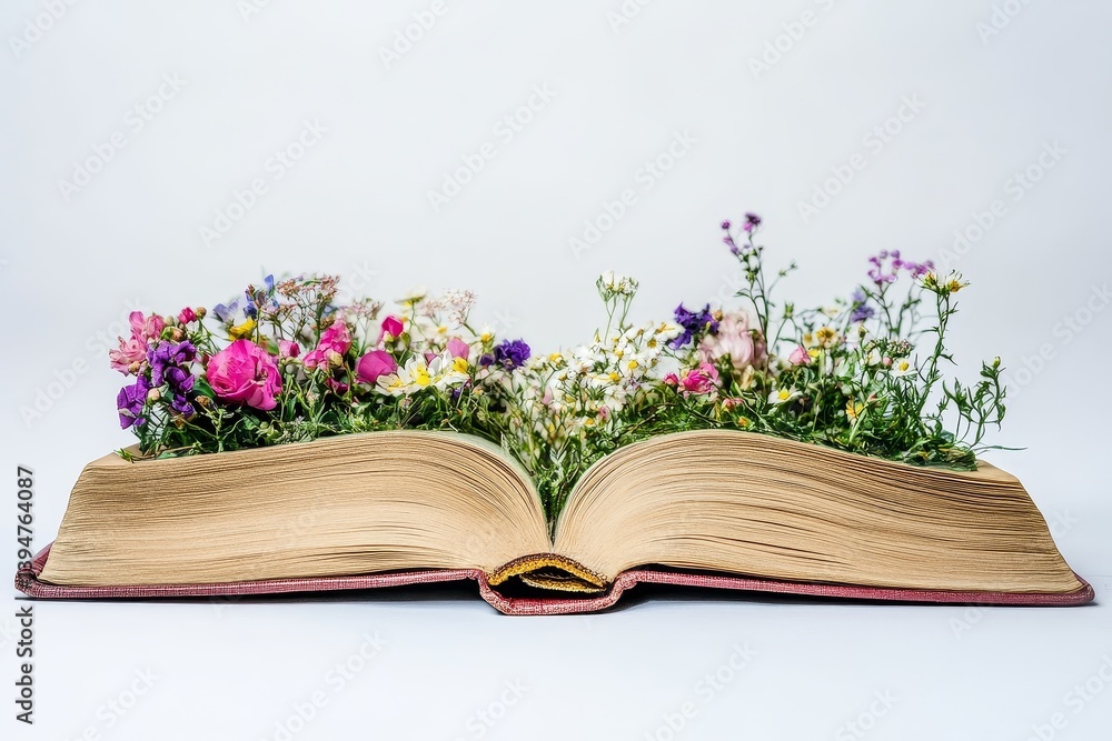 Poster blooming book of knowledge - an open book filled with a vibrant array of wildflowers, symbolizing gr