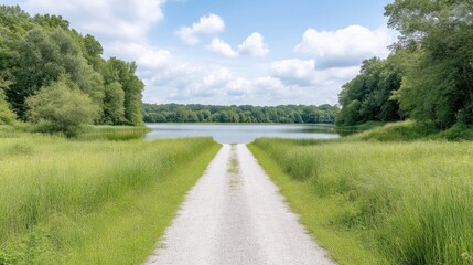 Fototapeta premium Scenic path leading to tranquil lake. Lush green vegetation borders a paved pathway, with a tranquil lake at the end