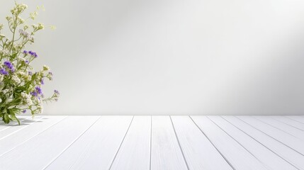 Empty white wooden table with flowers