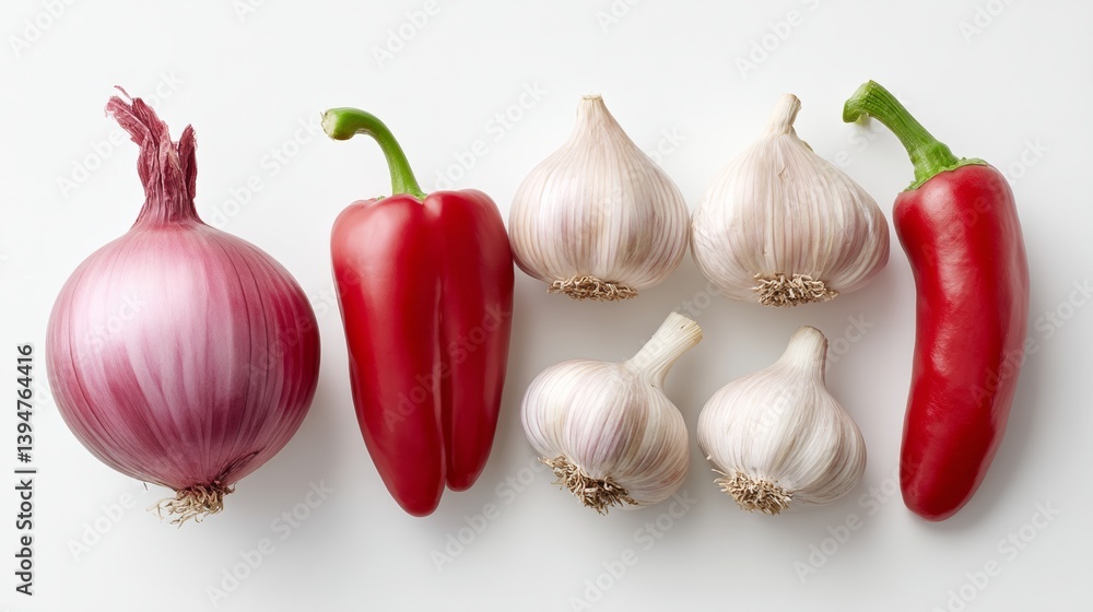 Poster bunch of red peppers, garlic, and onions are arranged in a row. the peppers are of different sizes a
