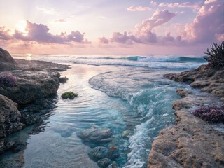 Fototapeta premium Dreamy seascape, peaceful ethereal ocean, serene waterscape, digitally painted fantasy.