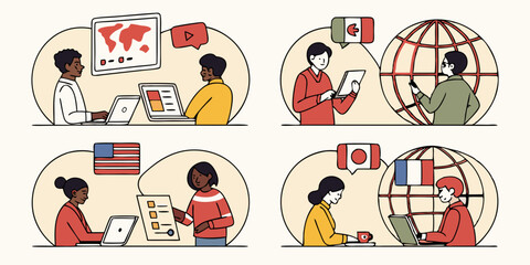 International Remote Work Team Vector Global Collaboration Online Business Communication Flags and Globe